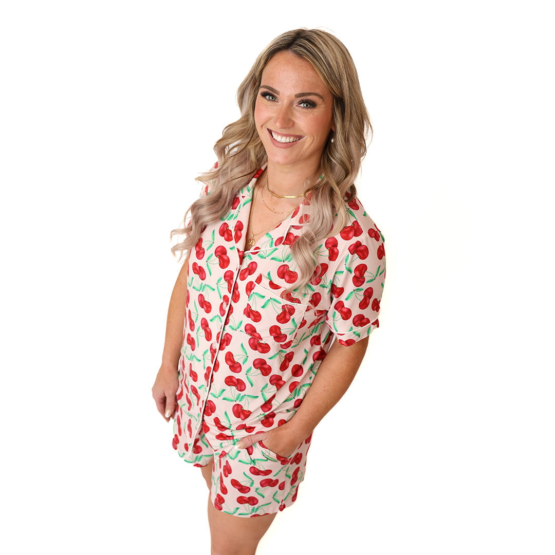 With A Cherry On Top Ladies Button Up Short Lounge Set