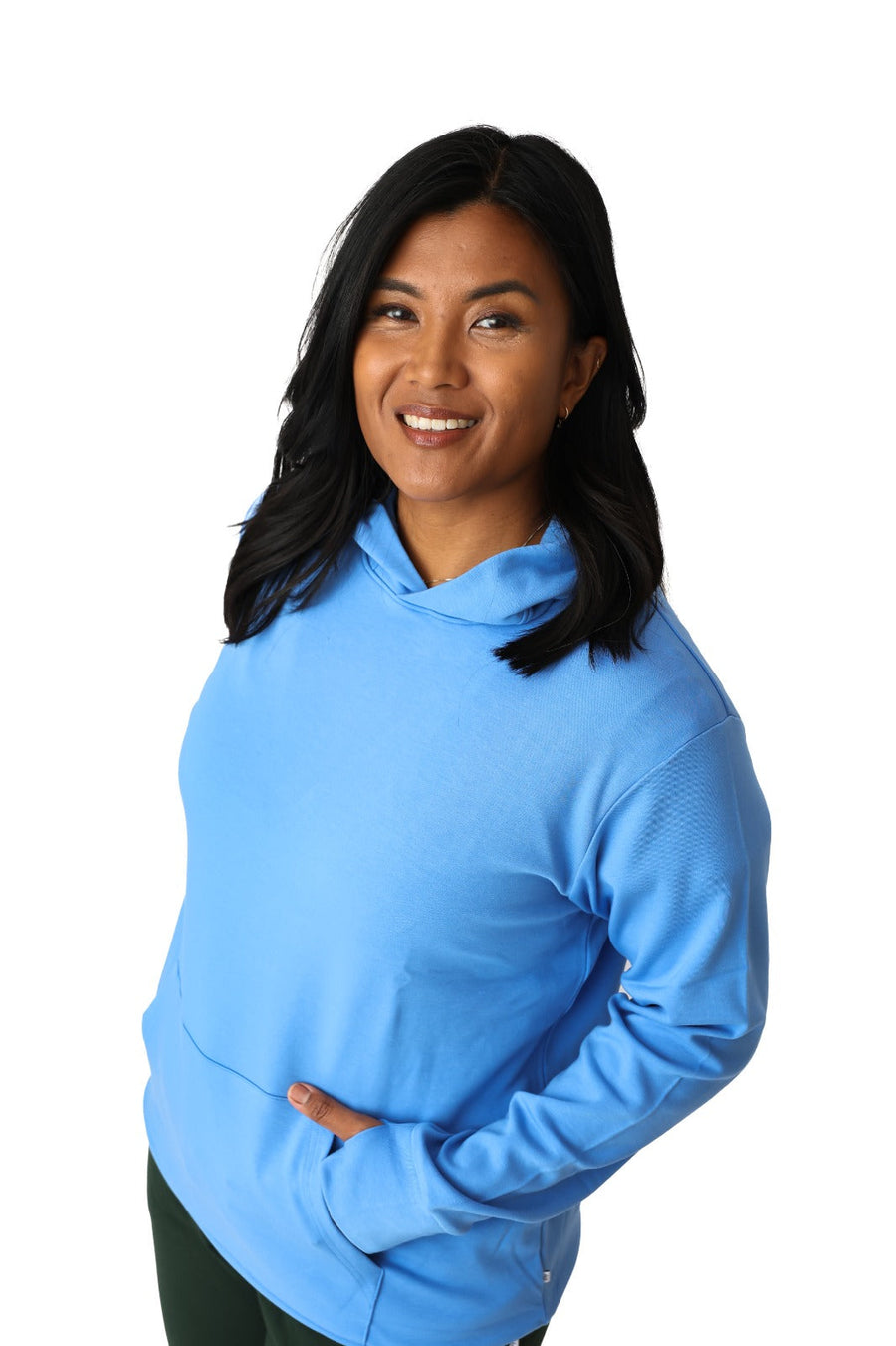 Woman in a blue bamboo hoodie
