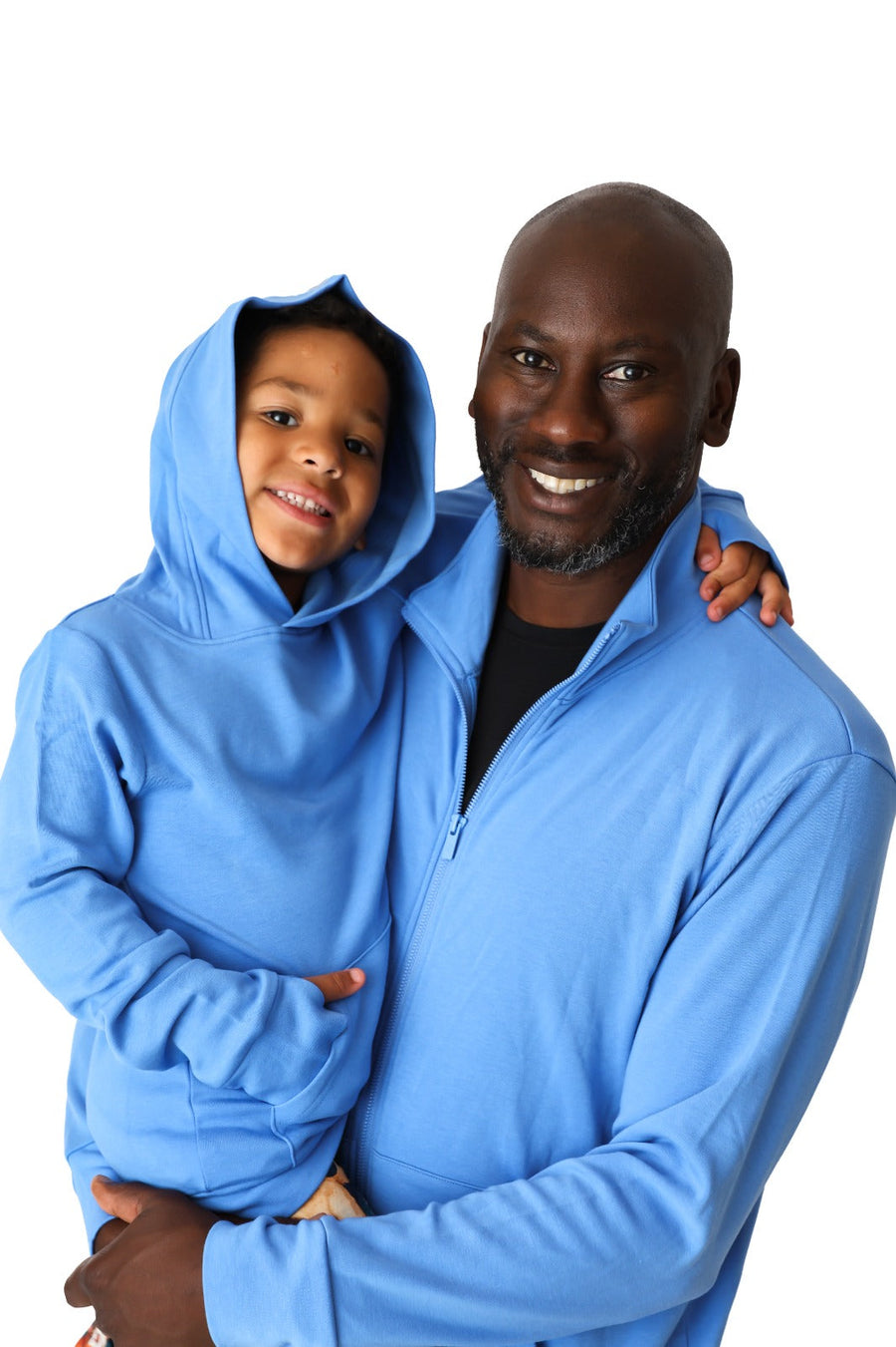 Father and son in matching blue bamboo hoodies