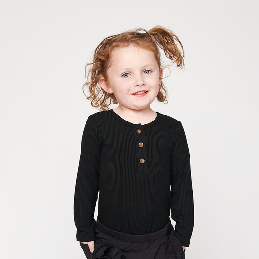 Black Ribbed Little Henley Bodysuit