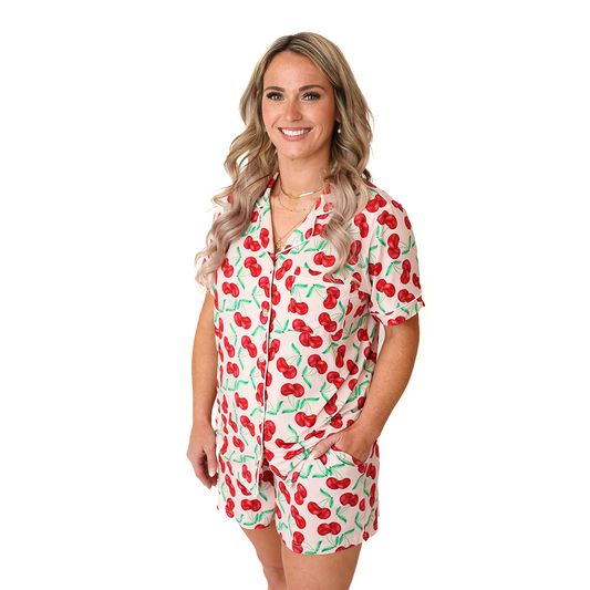 With A Cherry On Top Ladies Button Up Short Lounge Set