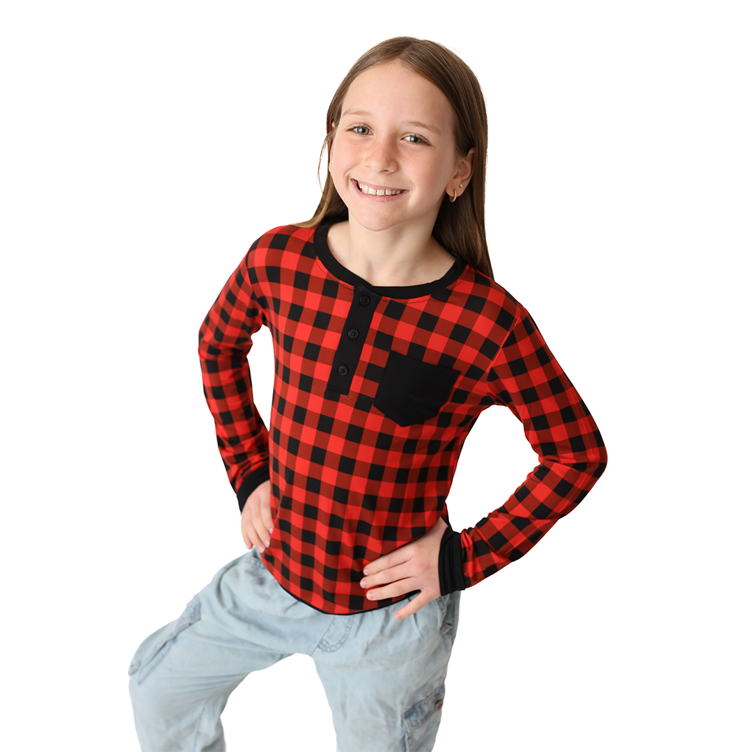 Cozy Cabin Plaid Long Sleeve Pocket Henley Shirt