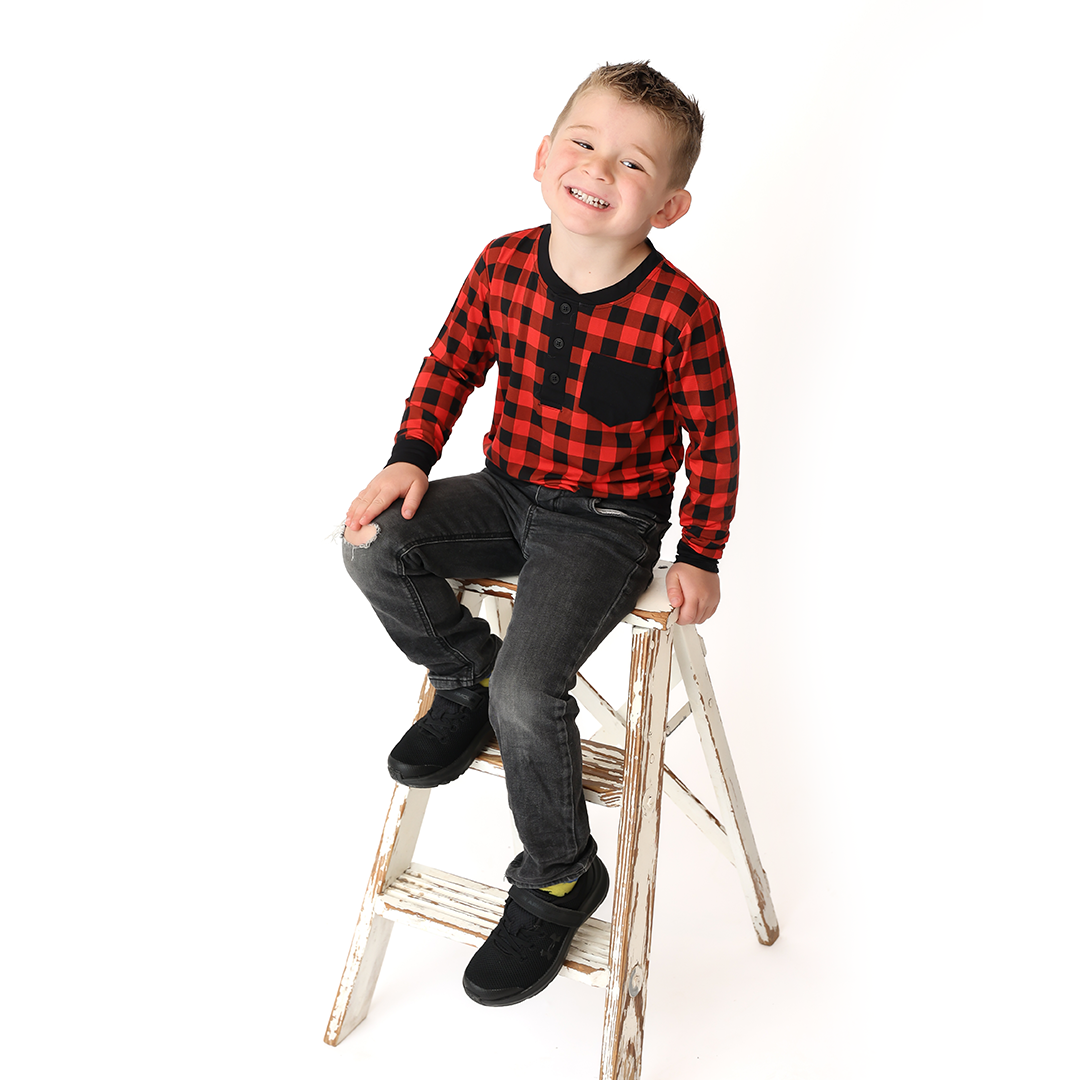 Cozy Cabin Plaid Long Sleeve Pocket Henley Shirt