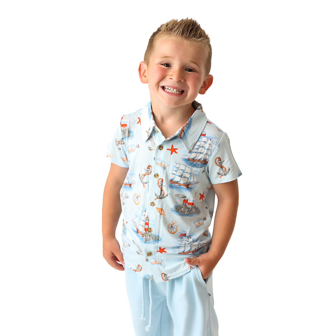 Message In A Bottle Kids Short Sleeve Button Up Shirt