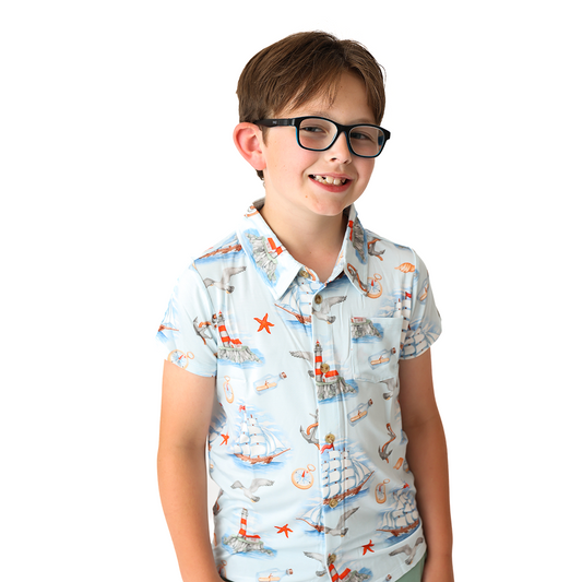 Message In A Bottle Kids Short Sleeve Button Up Shirt