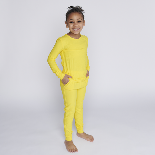 Sunshine Yellow Kids Two Piece RIBBED Lounge Set