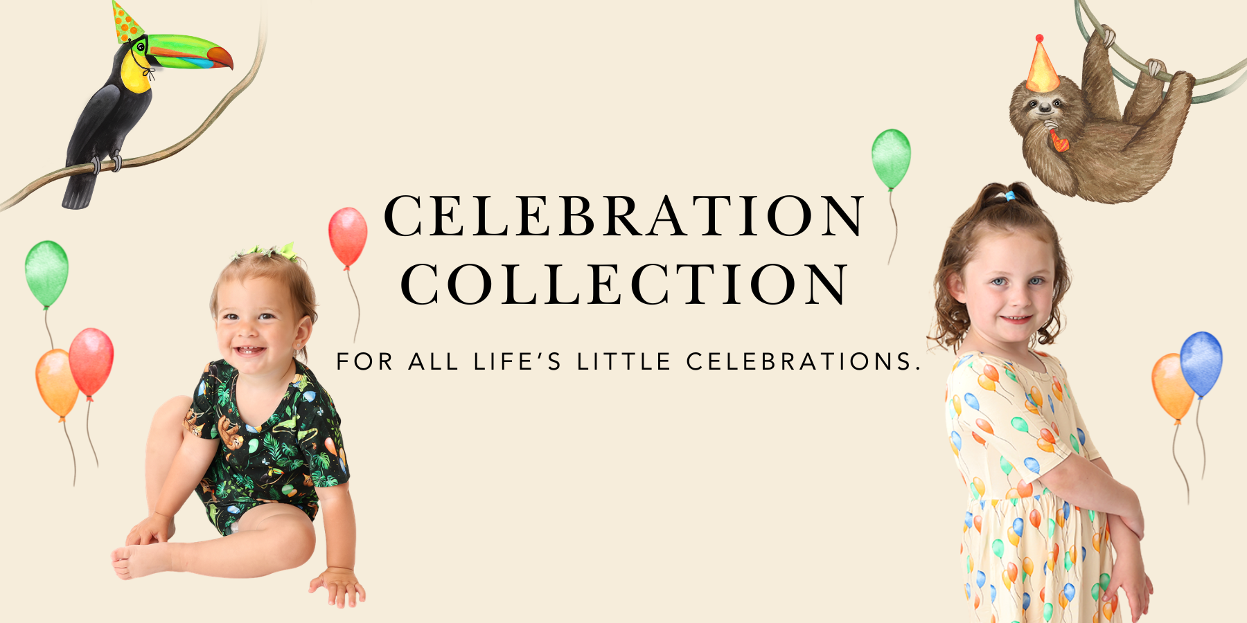 The Celebration Collection. For all life's little celebrations. Children in balloon and party animal print bamboo outfits.