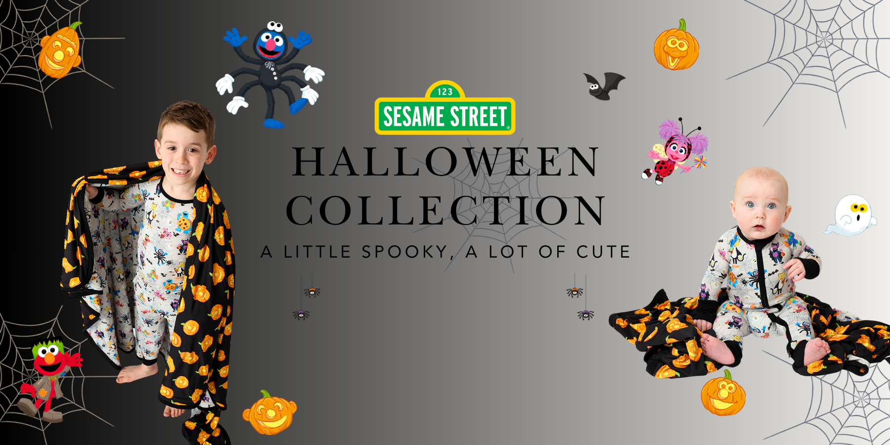 Sesame Street Halloween Collection. A little spooky, a lot of cute. Kids in pumpkin and Sesame Street character print bamboo pajamas.