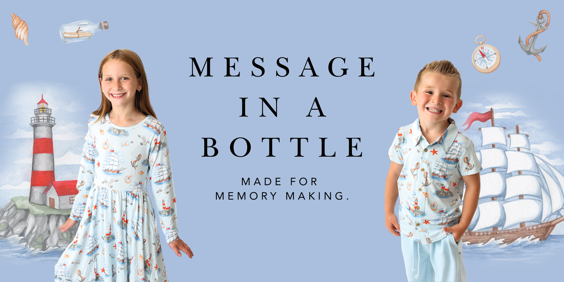 Message In A Bottle. Made for memory making. Kids in nautical print bamboo twirl dress and shirt set.
