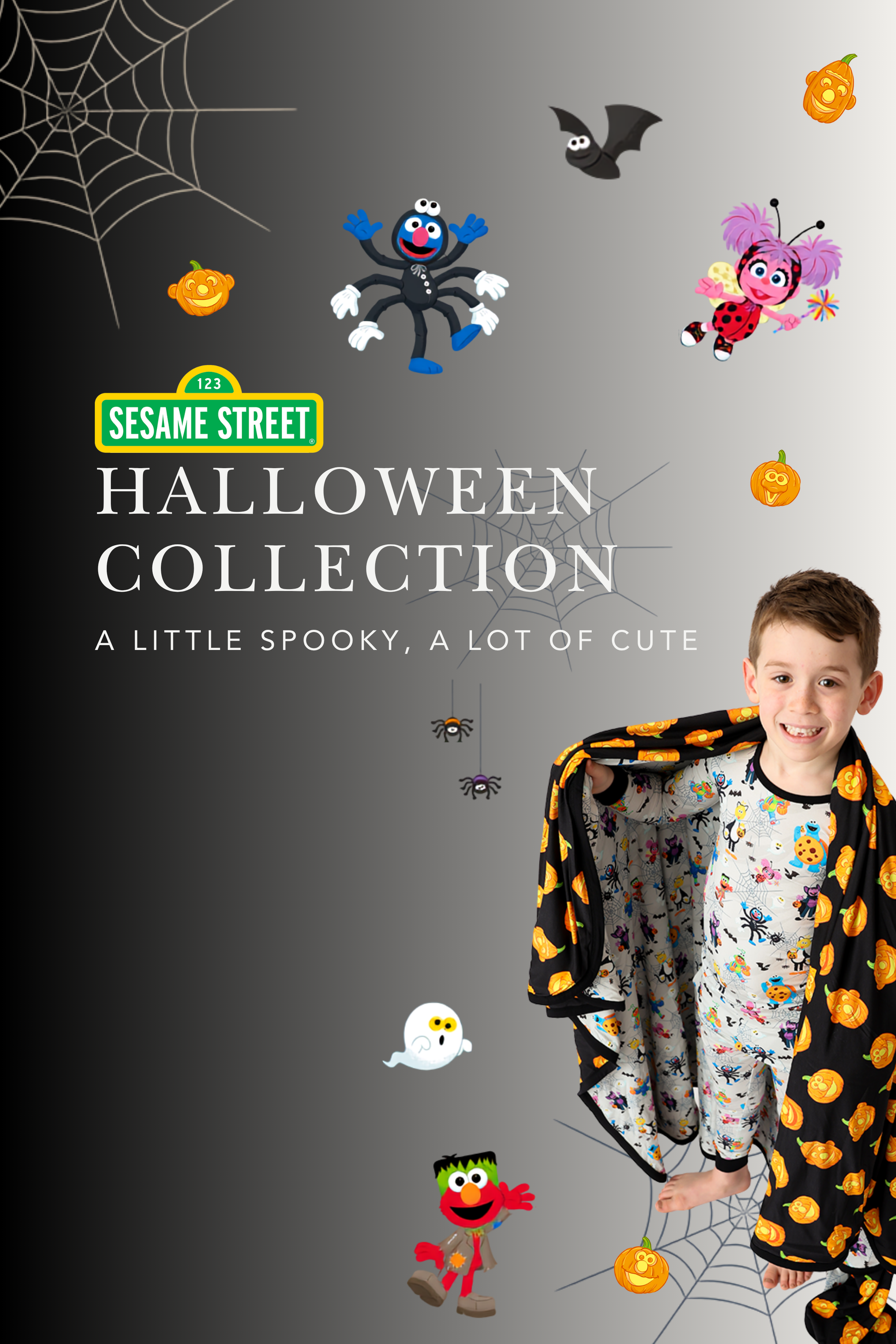 Sesame Street Halloween Collection. A little spooky, a lot of cute. Boy in pumpkin print bamboo pajamas.