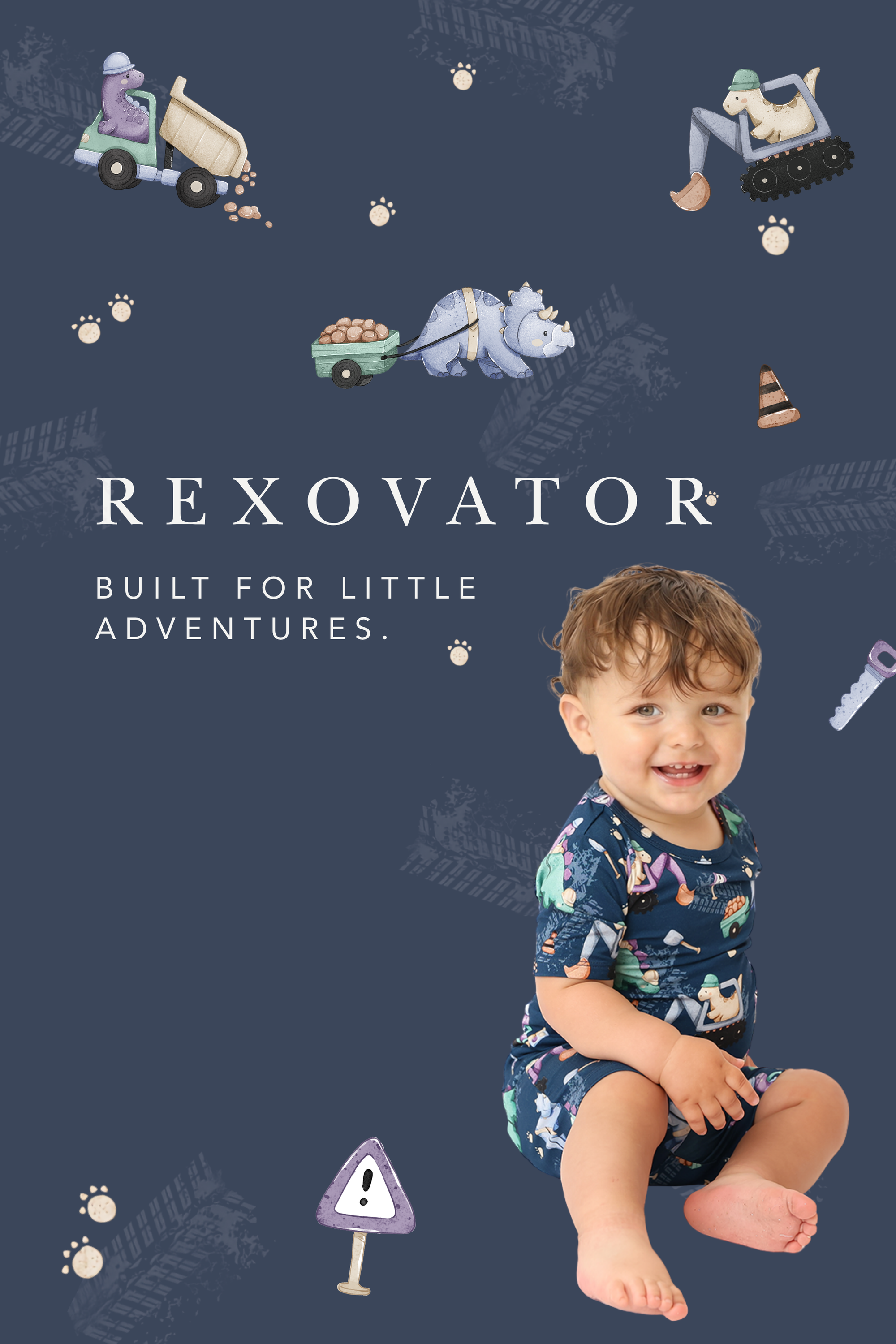 Rexovator. Built for little adventures. Toddler in dinosaur construction print bamboo romper.