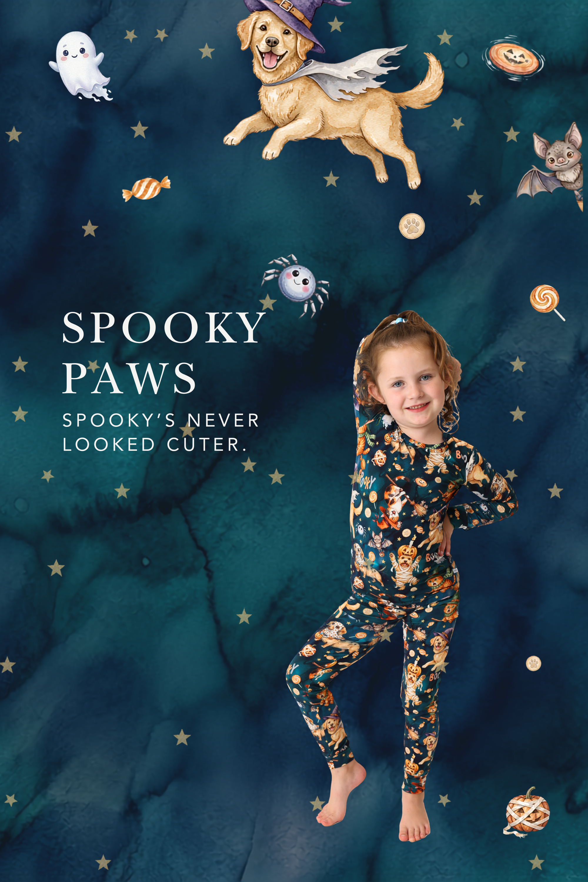 Spooky Paws. Spooky's never looked cuter. Girl in Halloween dog print bamboo pajama set.