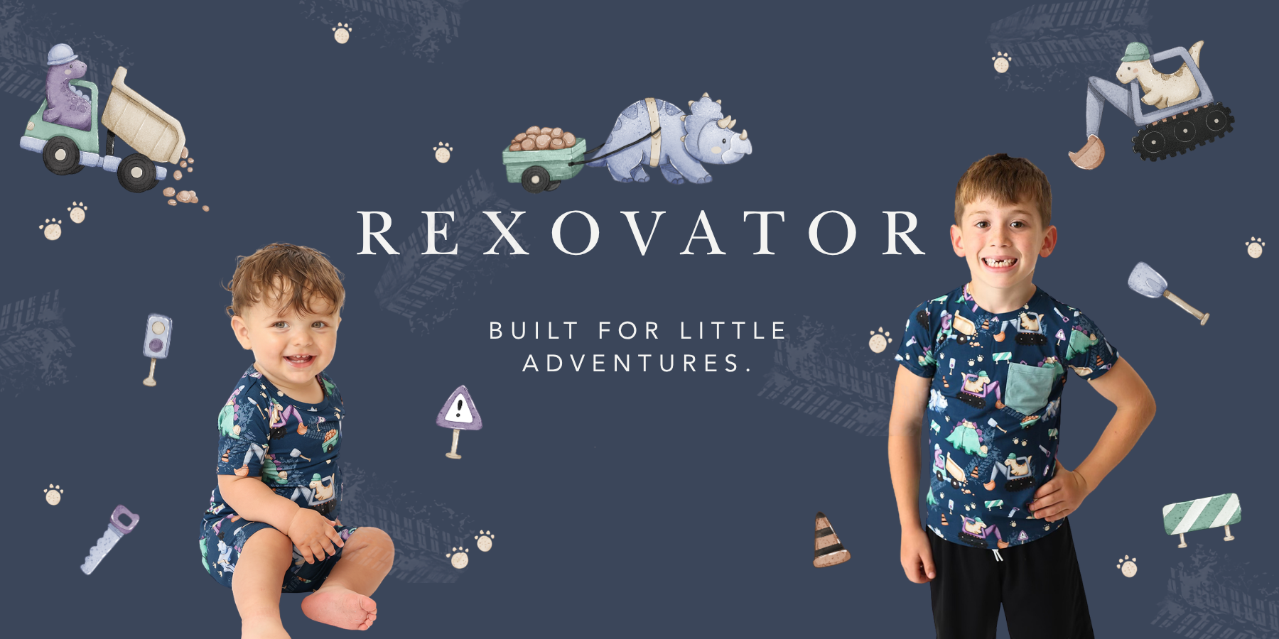 Rexovator. Built for little adventures. Kids in dinosaur construction print bamboo romper and tee.