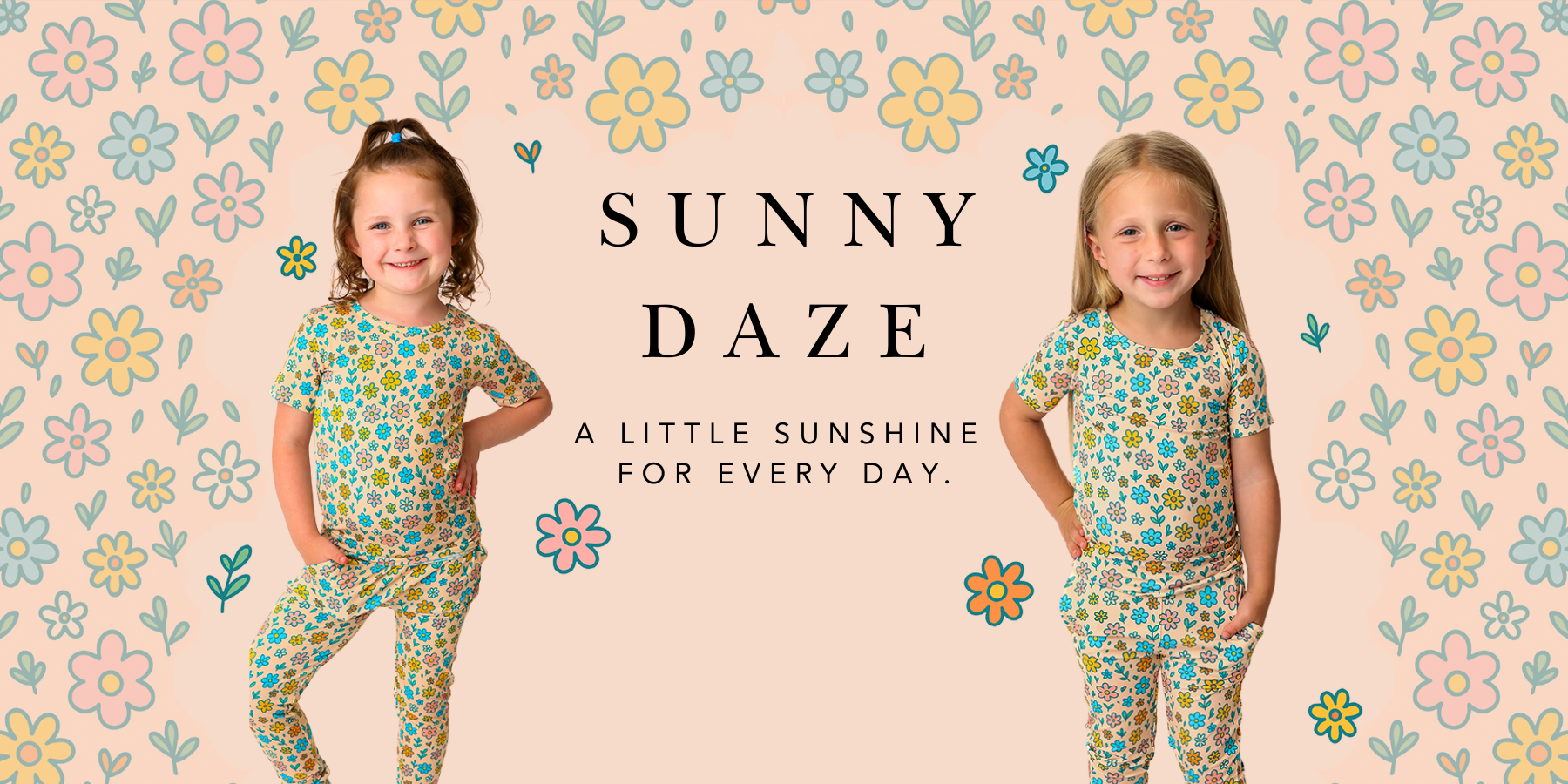 Sunny Daze. A little sunshine for every day. Girls in floral print bamboo two piece sets.